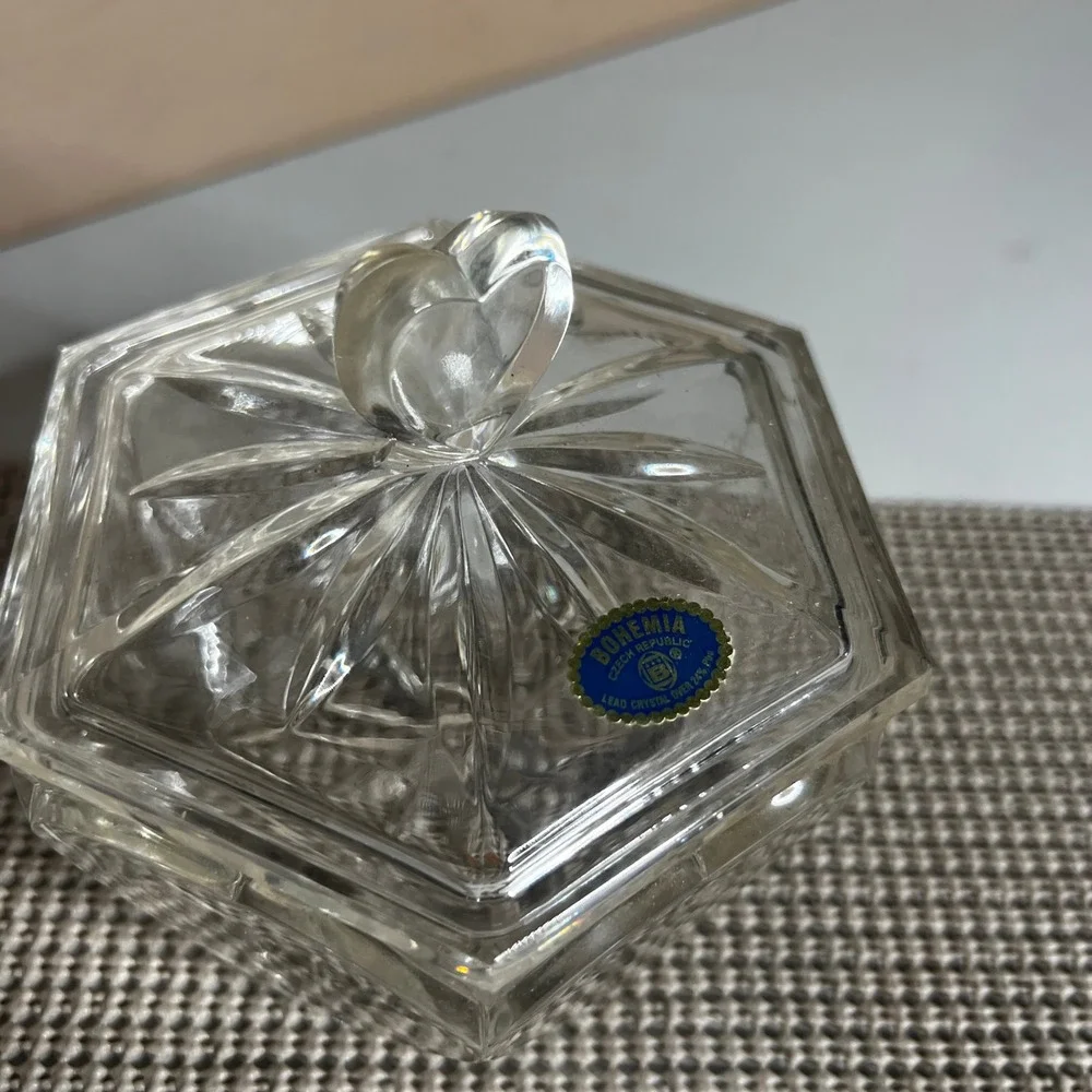 Bohemia Crystal Hexagon Trinket Box Heart Finial Czech Republic Lead Crystal